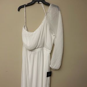 One shoulder white pleated midi dress